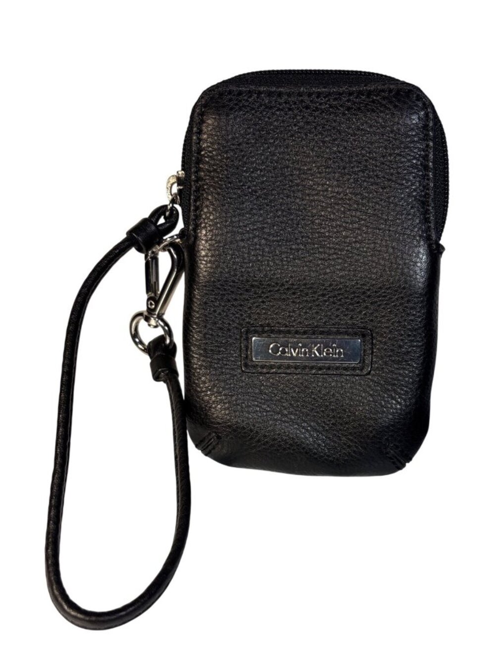 Calvin Klein Wristlet Pouch Black Pebbled Leather Top Zip Strap 5.75 x 4"